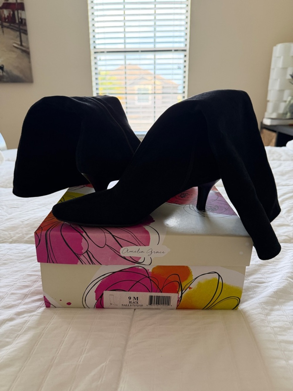 Amelia Grace Black Suede Kitten Heel Boots